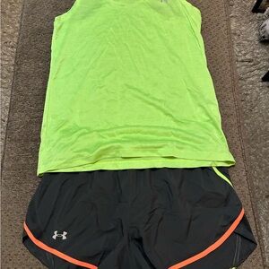 Under Armour women’s Black Shorts with Neon Orange Trim and matching tank top
